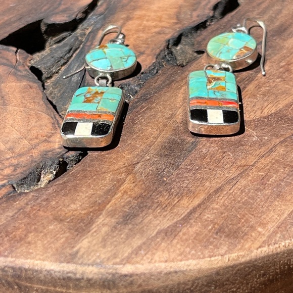 Native American silver and mosaic turquoise, coral & shell earrings - Picture 3 of 6